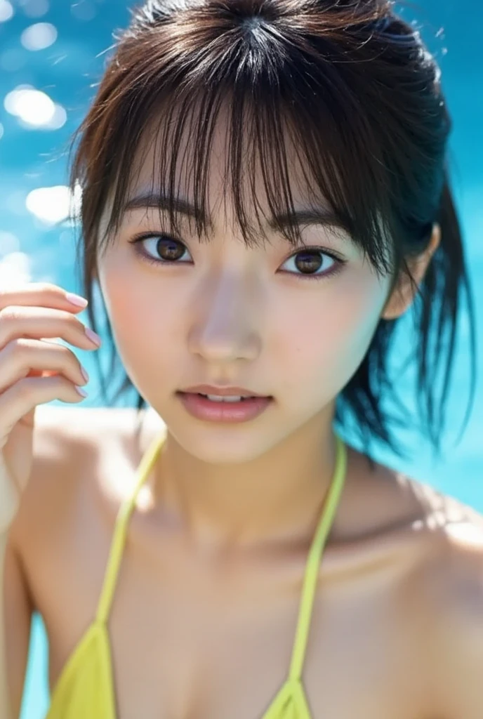 (masutepiece:1.3), (8K, Photorealistic, Raw photo, Best Quality: 1.4), Japanese, (1girl in), Beautiful face, (Realistic face), (Black hair), Beautiful hairstyle, Realistic eyes, Beautiful detailed eyes, (Realistic skin), Beautiful skin, Attractive, 超A high resolution, A hyper-realistic, Highly detailed, Golden ratio,School uniform. (3 Gills:1.5), (Sony Alpha 1, 50.1 megapixel full-frame CMOS sensor, 8K video recording function), (telephoto lens), (Realistic),(8K, 超A high resolution, Best Quality, masutepiece:1.2),Ultra-detailed,beautifull detailed face, FULL ANATOMY,(Beautiful detailed eyes:1.3),Smile,extremely delicate and beautiful, Extremely detailed, nffsw, Unity, 8K Wallpaper, amazing, finely detail, Ultra-detailed, High resolution, Extremely detailed, extremely detailed eye and face,Wet, ((Luxury Hotels:1.1)),((Colorful micro bikini:1.1)), [Ponytail],(huge-breasted, cleavage:1.3),