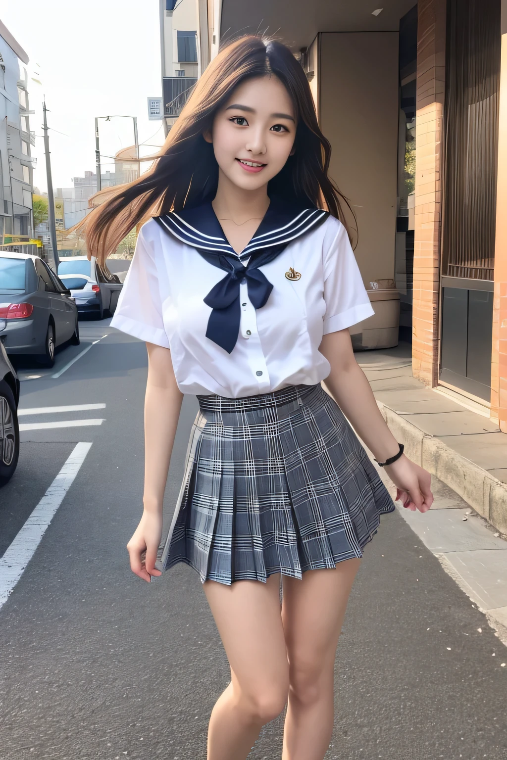 Browsing Caution, 8K RAW Photos, Highest quality, masterpiece, Ultra-high resolution, Film Grain, movie, One girl, Viewer&#39;s gaze, Natural skin texture, Realistic eye and facial details, ふっくらとしたlips, lipstick, (compensate), Red eyeshadow, Messy Hair, smile, Close your mouth, beautiful feet, Tall Woman, skinny, slim_feet, alone, Cleavage, , Super short skirt, Small Ass, shirt, Beautiful natural place, around flowers location, (Detailed Background), Checked skirt, White shirt, big , Cleavage, Show a little Cleavage through shirt, loafers, Blurred background, Blurred, Holding, please, Short sleeve, JK Ribbon around the neck, JK Ribbon, Brown Hair, bracelet, water, bangs, uniform, jewelry, lipsを離した, lips, Pleated skirt, Depth of written boundary, Black panties, Open feet, ((14 years old))), Thin thighs, Black knee-high socks