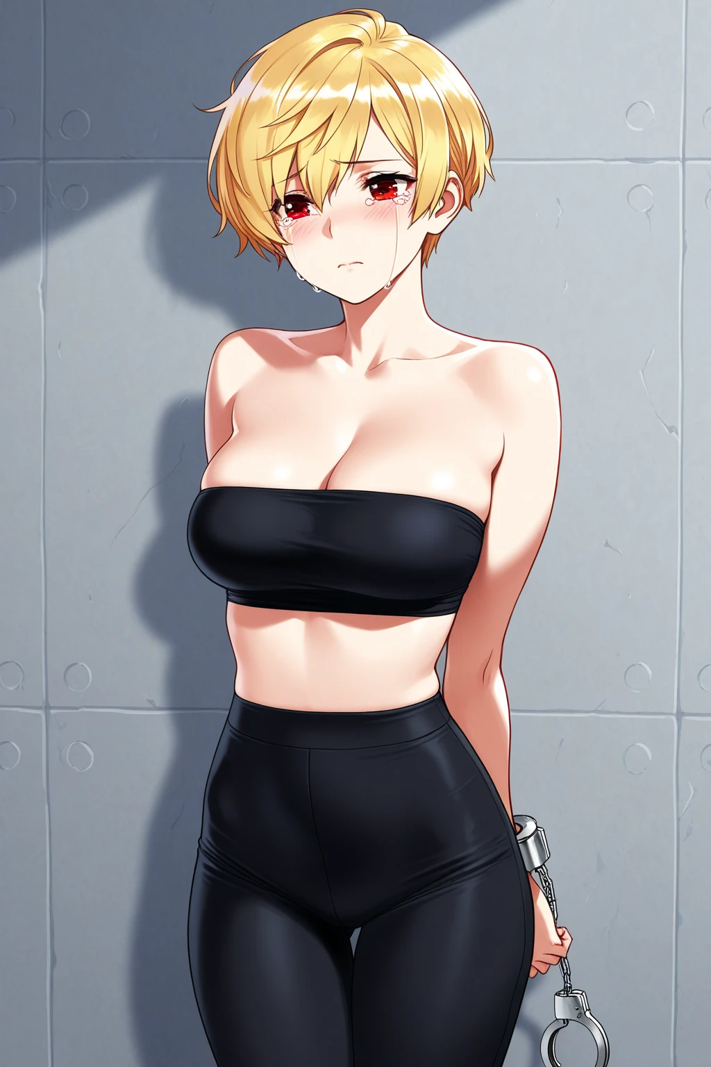 score_9, score_8_up, source_anime, standing, hellsing, seras, blonde hair, nude, indoors, night, night sky, nighttime, vampire, smirk, fangs, ikuchan, balcony, town background, BLACKED crop top, BLACKED CHOKER, BLACKED CLOTHING, BLACKED ATTIRE, BLACKED BBC, no bra