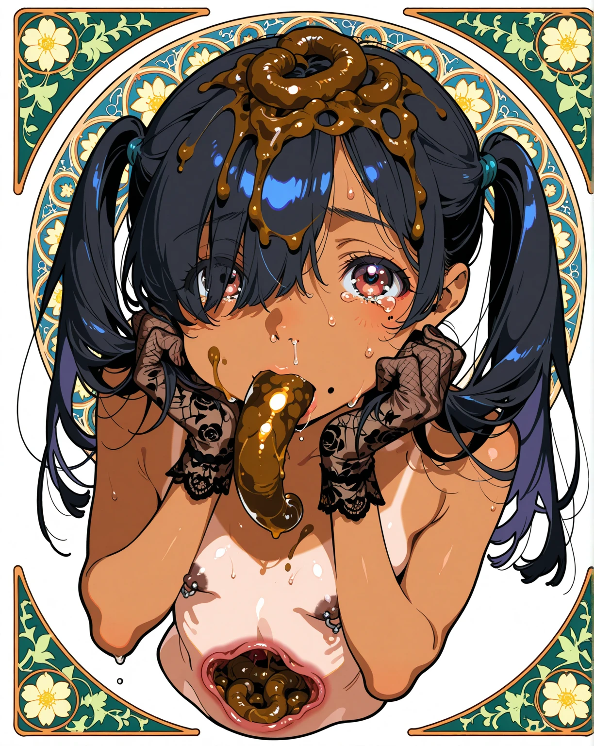 rating_explicit, score_8_up, score_7_up, score_6_up, uncensored, wet skin, small breasts, brown caramel skin, cute face, ???-like proportions, hazel eyes, (((glossy black hair, very long hair))), ((curly hair)), tiny prepubescent indian girl on all fours, on her hands and knees on on dirt road in indian slum, terrified look, scared big girl eyes, tears, screaming open mouth, barefoot, dainty feet, mounted by dog, dog-waist pressed against girl's waist, flipped up sari, white puddle underneath, snarling dog on top of girl, doggystyle, dog humping on young girl's back, low light
