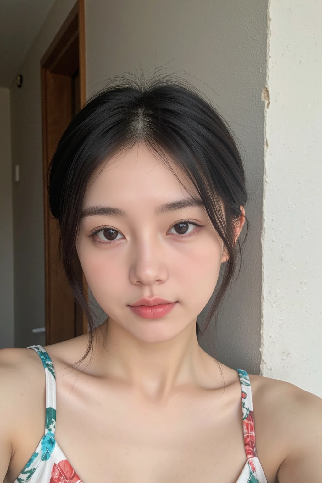 Kim Jennie with black hair, with curls, Brown eyes, pretty eyes, He, pretty lips, pink lips, Heart and cupid shaped lips, Beautiful skin, pale white skin, with moles and freckles all over his face, soft pink blush on cHeeks, douyin makeup, popular korean makeup, with a necklace, while wearing a white shirt, with summer shorts, thin abdomen, (big breasts, deep neckline), VHS style photo, old picture, autophoto, looking to tHe camera