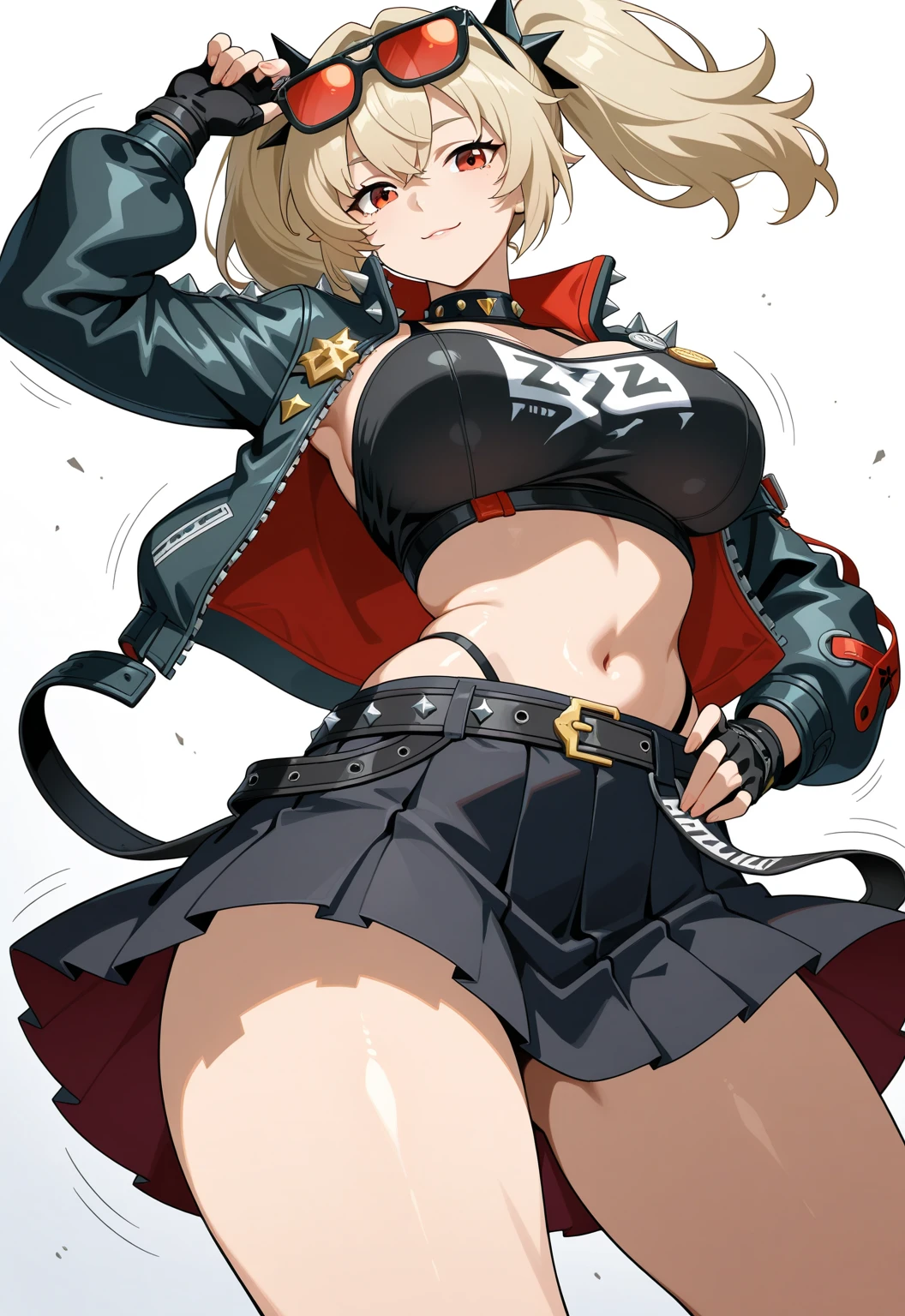 masterpiece,best quality,Arcueid,ruby eyes, ruby eyes,short hair, blonde hair ,1girl, solo,looking at viewer, black skirt,hair between eyes,breasts,outdoors, chain necklace, fang, angry, black tights, long nails