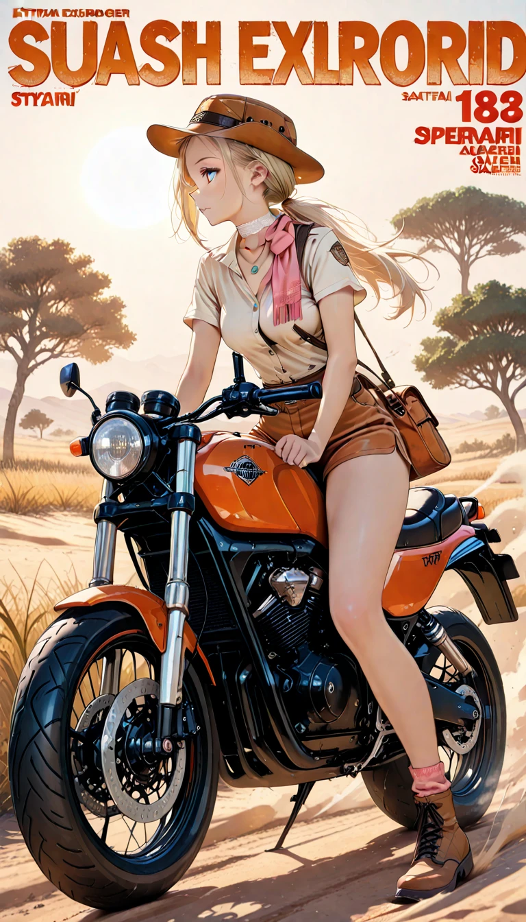 masterpiece, best quality, mgs3eva, tan jumpsuit, blue eyes, goggles around neck, black bra, belt, gloves, boots, road, riding a motorcycle <lora:eva-nvwls-v1-000012:1.0>