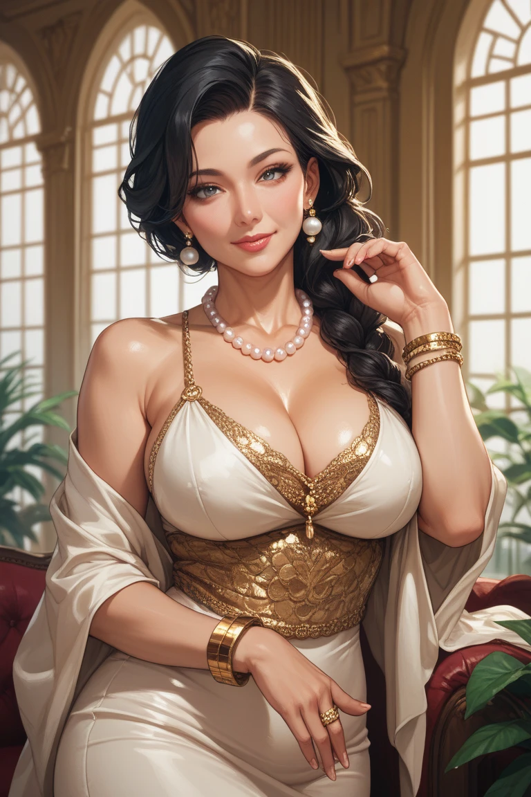 1 Pretty girl，Tighten the body，clothes details，There are intricate gold threads on the clothes，pearls necklace,white skinned，looking at viewert，Brown eyes，actual，are standing，ssmile，low chest，middling