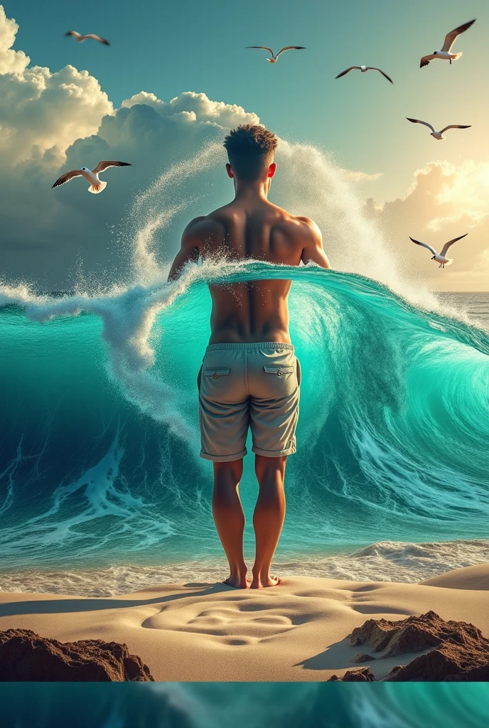 A room above which there are clouds and it is raining and a man in the room has his hands tied and is angry. The color of the clouds is blue