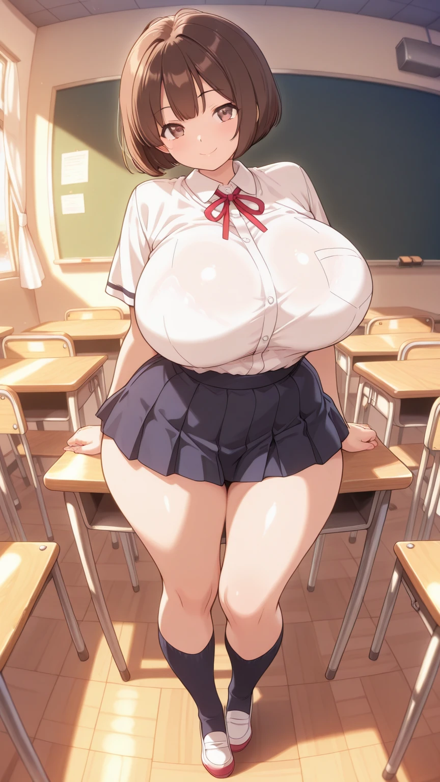 Solo best quality, masterpiece, extremely detailed CG, extremely detailed 8K wallpaper, indoors, classroom, masterpiece, best quality, extreme detail, Sharp anime style, sharp focus, intricate details, 1girl, huge breasts, highres, white school shirt, navy blue skirt, 8k, tomboy, black hair, brown eyes, female, fair skin, voluptuous, short black hair, high school girl, standing, hourglass figure, cool face, short hair, sharp and cool face, calm expression, fair skin, rather tall, full body shot, , school girl, white shirt, brown eyes, nijistyle, crossing arms under(gigantic breasts breasts 1.8)