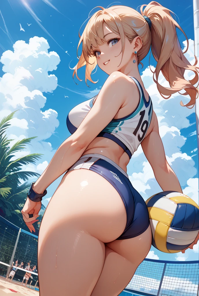 obra-prima, qualidade superior, high resolution, sozinho, corpo lascivo, praia exterior, (white volleyball uniform: 1.2) , micro thong, misaligned bra, t-back side binding, de costas para o espectador, olhando para o espectador, de baixo, nadegas a mostra, squatting de costas, from behind, squatting, virilha exposta, sexual expression, fangs
