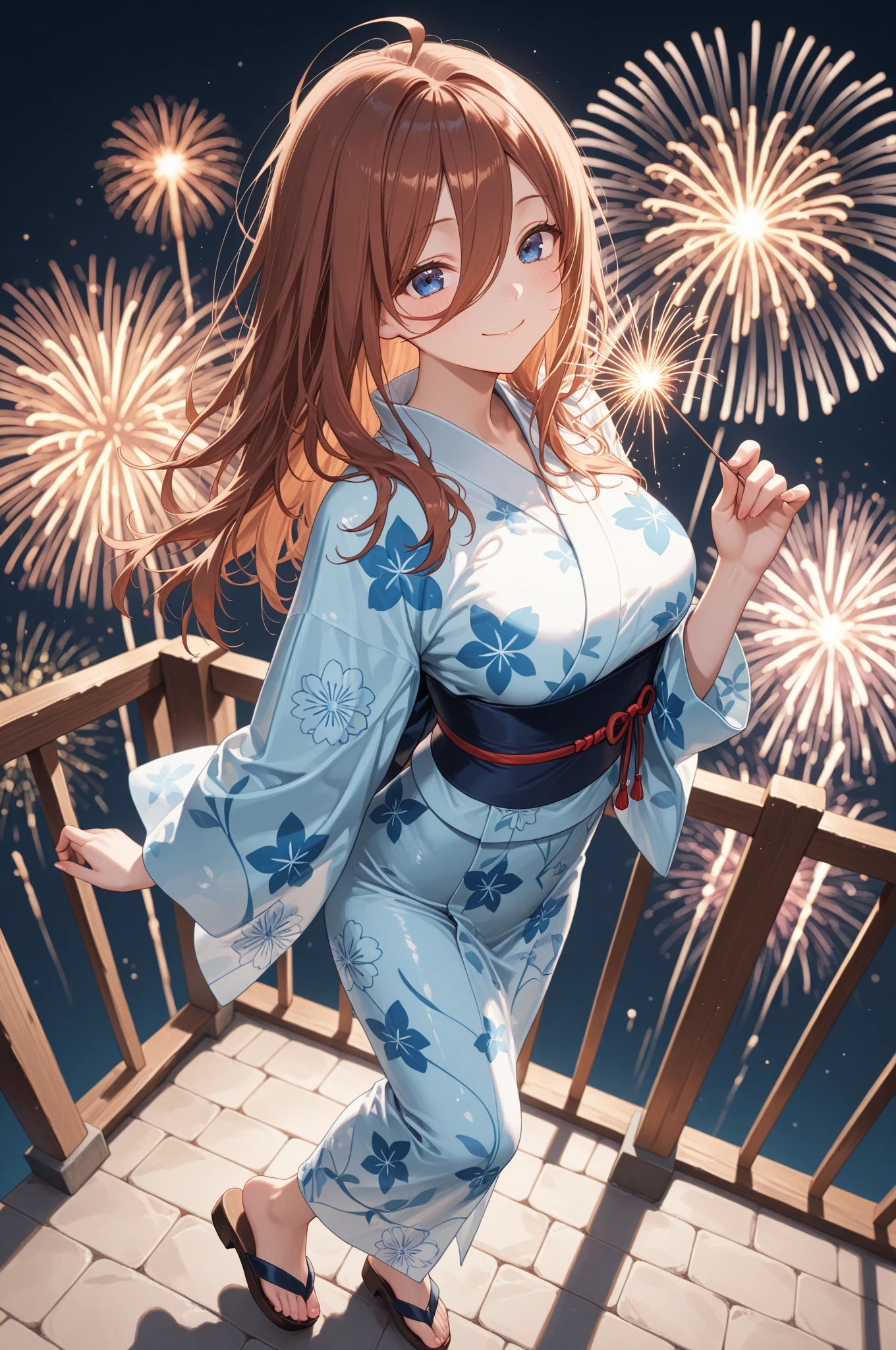 masterpiece, Highest quality, Mari Illustrious,Dark brown hair, One girl,Beautiful Eyes,yukata,Spread your legs,sexy,Fireworks display