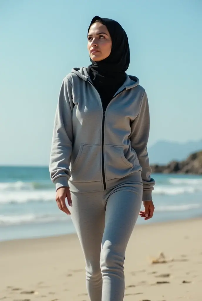 with black headscarf, Woman in grey tracksuit sunbathing on the beach