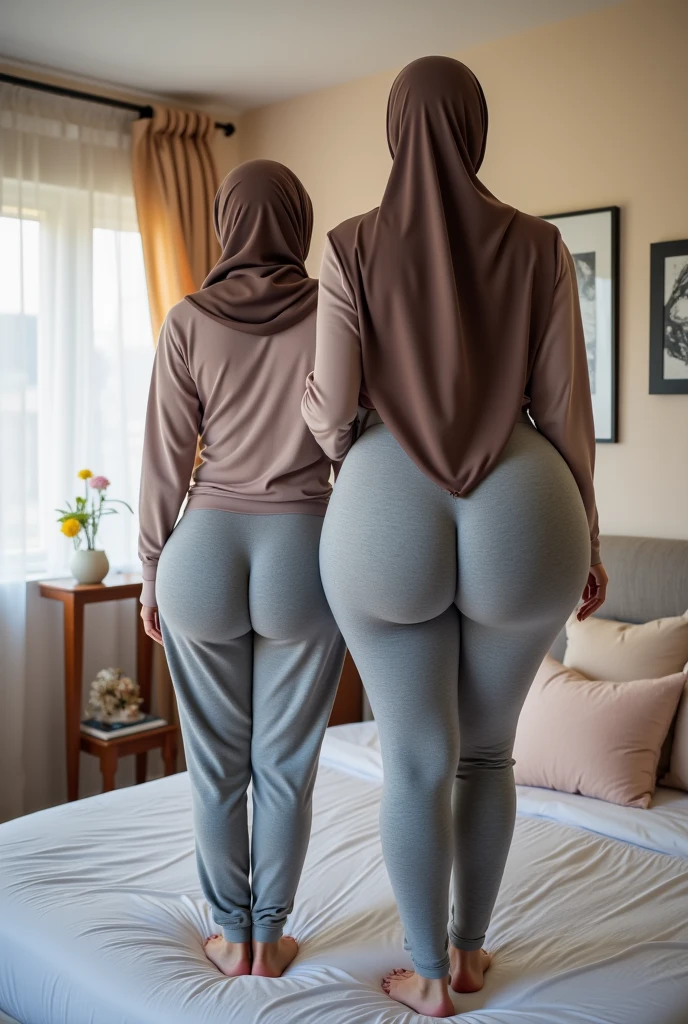 (2girls:1.2),(double exposure), back view, (full body), in n empty school classroom, two gorgeous matured  teachers (stood side by side), ((35 year old)), ((malay women)), curvy fit body shape, bigger ass, gluteal,busty, huge thighs, (both wearing micro bikinis),((black hijabs)),(stockings), pov, skin texture, ultra high res, RAW, instagram LUT, masterpiece, best quality, ultra-detailed, ultra high resolution, RAW, 4k, (looking at viewer), extremely detailed eyes and face, (beautiful detailed nose), (beautiful detailed thigh), (beautiful detailed eyes), perfect body proportion, (looking at viewer), smirk, red lips,ceramic floor, white board, (black hijabs), (micro bikinis)