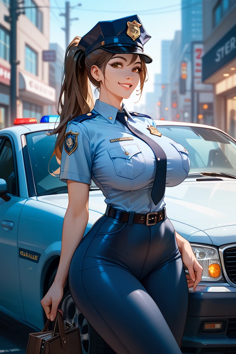 1girl, solo, detailed skin, ultra realistic 8k cg, picture-perfect face, flawless, clean, masterpiece, professional artwork, famous artwork, cinematic lighting, cinematic bloom, ((beautiful eyes)), intricate iris, (((perfect hands))), (extremely detailed background), ((dynamic background)), beautiful detailed girl, beautiful detailed nose, light on face, looking at viewer,(outdoors, street, police station, police car:1.1), cchana, long hair, brown hair, whisker markings, police hat, white headwear, (police uniform, striped necktie, blue shirt, collared shirt, breast pocket, long sleeves, white gloves, belt, black pants), CorruptA, corruption, mind control, pink eyes, (growing eyes:1.3), (cameltoe), (standing, salute),