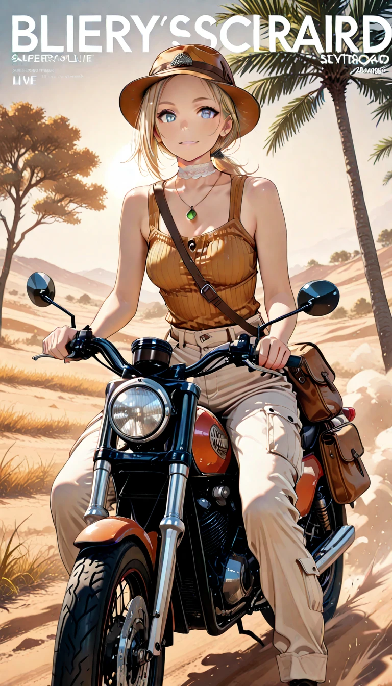 ((((masterpiece)))), high quality, very_high_resolution, large_filesize, full color, steam punk featuring a futuristic planet,
in a distant forest, bustling alien markets, and an off-road bike. The protagonist is a stunning upper body girl 1 person blonde short bob silver smile, mechanized arms. wearing a white tank top, distressed denim shorts, engineer boots, and riding the off-road bike.  beauty,
