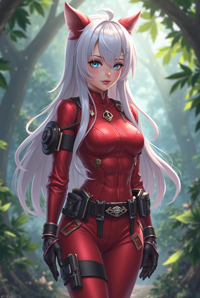 masterpiece, best quality, absurdres, ZentreyaCyborgBase, yellow eyes, short hair, mechanical horns, red bodysuit, black jacket, mechanical legs, hands on hips, smile, <lora:ZentreyaCyborg:1>