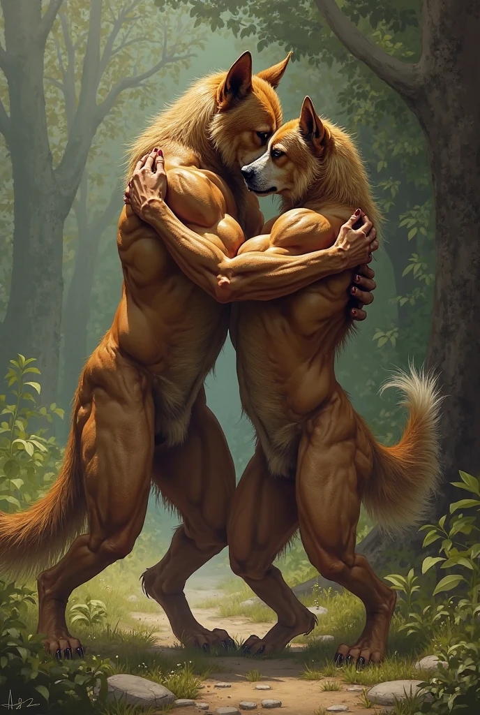 (two male) male wolf, only fundoshi, sweating, realistic, smile. male wolf, only fundoshi, sweating, realistic, smile, big bulge,