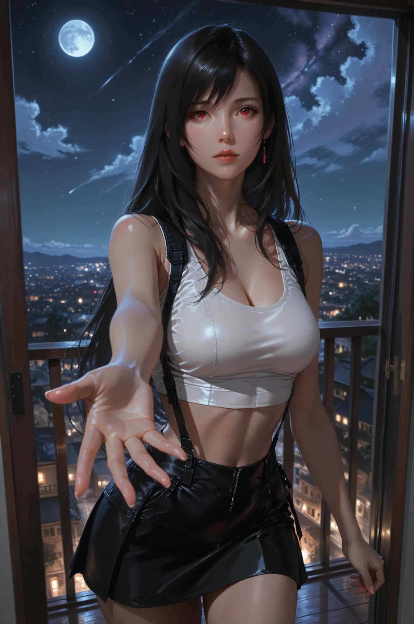 (16k, High resolution, highest quality, masterpiece, 超High resolution), ((Giantess Elements, From right above)), Perfect dynamic composition:1.2, (Modern city at night), Highly detailed skin and facial textures:1.2, (Towering Giant Young Woman:1.0, Higher than skyscrapers:1.0, 50,000 feet tall:1.0, Incredibly slim body:1.0), smile, Fair skin, Sexy beauty, Very beautiful face, (Looking down on the approaching woman), (White wide leg jumpsuit:1.0), Shapely breasts, Chest gap, Big eyes that exude beautiful eroticism, Lips that exude beautiful eroticism, necklace, Earrings, bracelet, wedding ring, Shoulder bag, clock, ribbon, Full body portrait, ((Destroy a small town, Burning Small Town, rubble, Destroyed small building, Collapsed highway, Evacuated Residents)), (Major impact, Emphasizing the majesty and power of giants, Increase the destructive element, Lower the building, Making cities smaller)