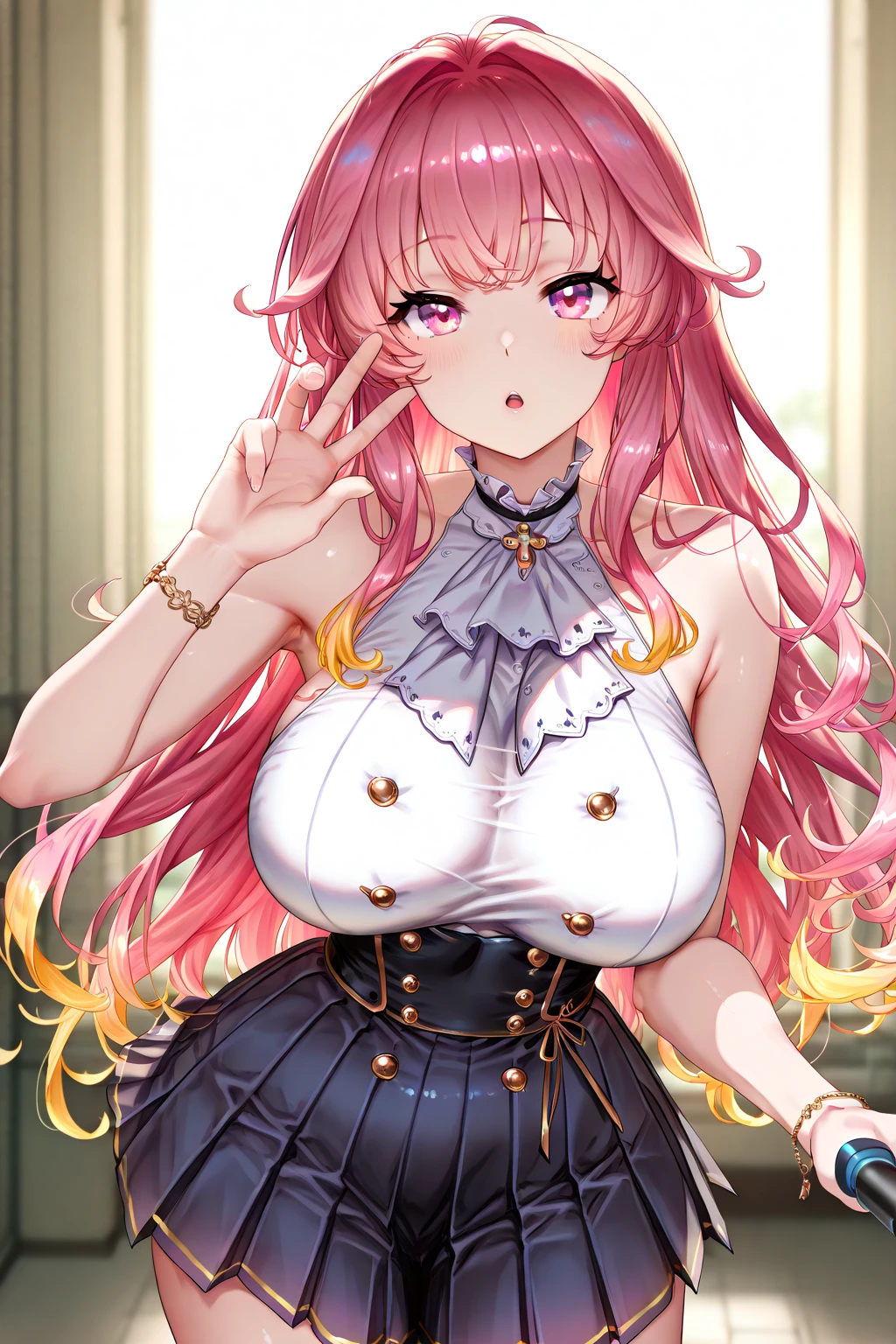 ((8k)), ((32K)), ((Highest quality)), ((masterpiece)), ((Ultra-high resolution)), ((Tmasterpiece)), (((from the front:1.6)))、((8k)), ((32K)), ((Highest quality)), ((masterpiece)), ((Ultra-high resolution)), masterpiece, Highest quality, Ultra-high resolution, Highest quality, anime調, Best writing, Beautiful Face, (anime:1.1), Highest quality, masterpiece, (((Line of sight(chest)、perspective(chest)、Face direction(Down)Eyeball angle(Down))))、1 girl, Shelley Nome, Colorful Hair, Blonde, Pink Hair, Gradient Hair Long Hair, Big Breasts, blue eyes, Mature Woman, Looking at the audience, Sheryl Nome ,Costume ,Macross F, anime, Cosplay, Galactic Fairy, ステージCostume ,Fashion Stage、Spotlight、Giant screen(映し出されるNipples,Multiple sheets)、Nipples、Expose、The spectators cheer,From before,Uplifting,Nipplesポロリ,Clothes get torn,expression(blush,tears,cry)shame、feel、cry、Struggling、narration、Commentary、Nipples勃起、Delighted fans、A packed venue、Penlight、Professionalism、live、pride、growing up、worries、distress、performance、effort、panic、trouble、Nipples、accident、chestを隠す、I try to hide it but I can't、(Photograph the whole body)(looking down:1.2),Create a detailed and realistic illustration of Sheryl Nome from Macross Frontier. She should have long, wavy blonde hair and blue eyes. Her skin should be fair. Please dress her in her iconic gold stage outfit from the "Lion" performance, including large earrings, bracelets, and a necklace. She should be holding a microphone and singing with one hand raised, showing a confident smile. The background should depict a concert stage with spotlights and silhouettes of the audience. The art style should be realistic with detailed features, maintaining the anime influence but with a realistic touch.