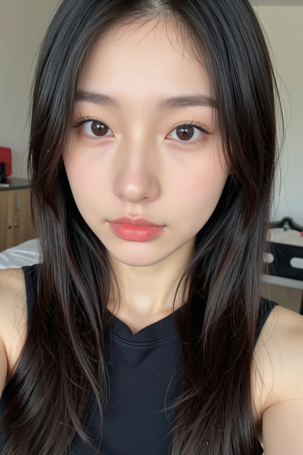 frontal face,close up,natural make,photorealistic,(20 years old:1.2),(Best quality, 8k, 32k, Masterpiece, UHD:1.2),Photo of Pretty Japanese woman(japanese:1.2),black eyes, black hair,