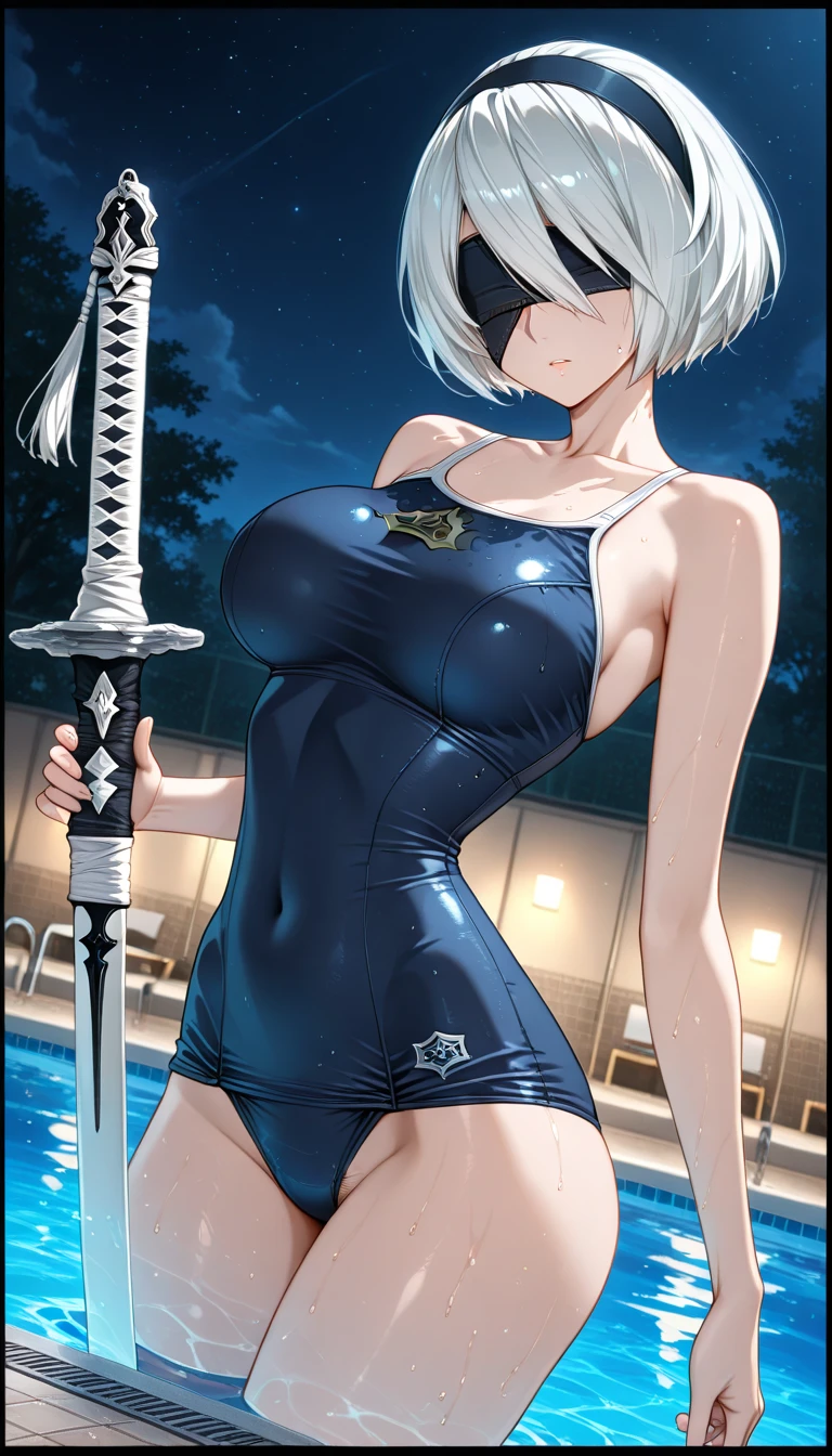 Top quality 8K UHD、Glasses、silver competitive swimsuit、silver high neck swimsuit、silver high neck swimsuit、Glasses、short hair、Glassesをかけた短髪の銀髪美女、wet skin、from the chest up、put your hand on your waist