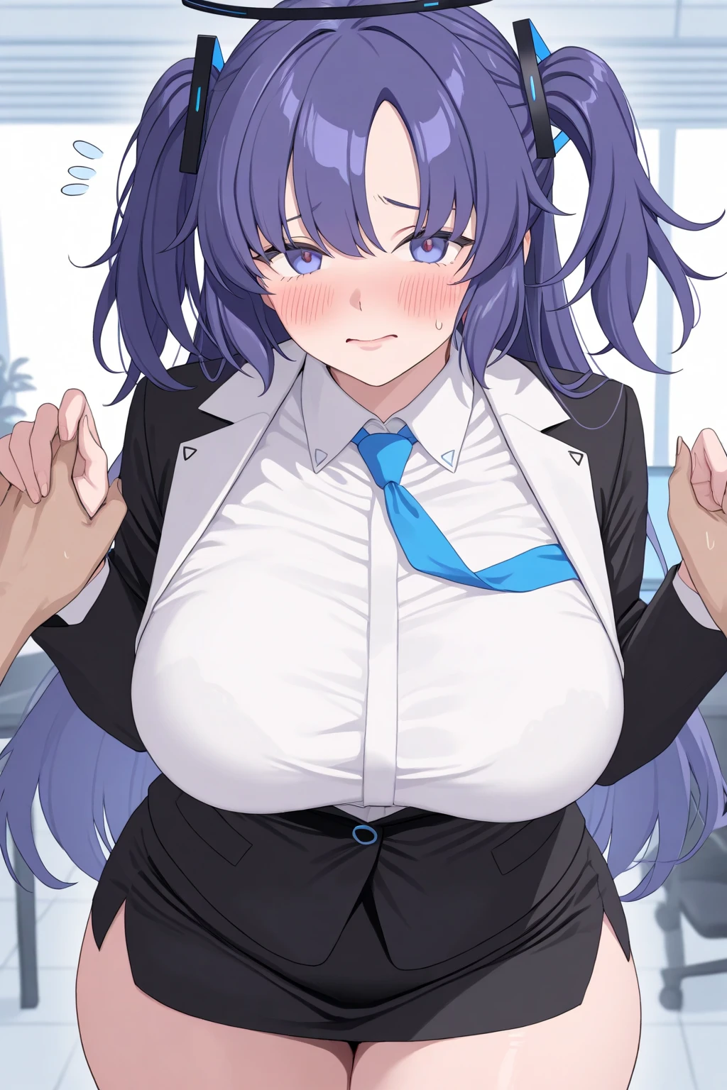 1 Beautifully Too Huge Breasted Cute mother, Pastel colors hair, (Excessively overwhelmingly gigantic huge breasts:1.6, Extra long sagging breasts:1.6, Thighs:1.2, thick legs:1.2, curvy:1.2, towering stature:1.6, massive fat thick unnatural belly, Plump, fat folds), purple eyes, (ahoge, messy hair:1.2, tired hair:1.2, flipped hair, very long hair, bags under eyes:1.3, wavy hair), black hair, (purple hair:1.2), (blush:1.2, emberrased:1.2, quiet personality:1.2, scared:1.2, looking away, wavy mouth, shy), (naked), at the adventurer's guild, A bulletin board with posted paper, hand over face