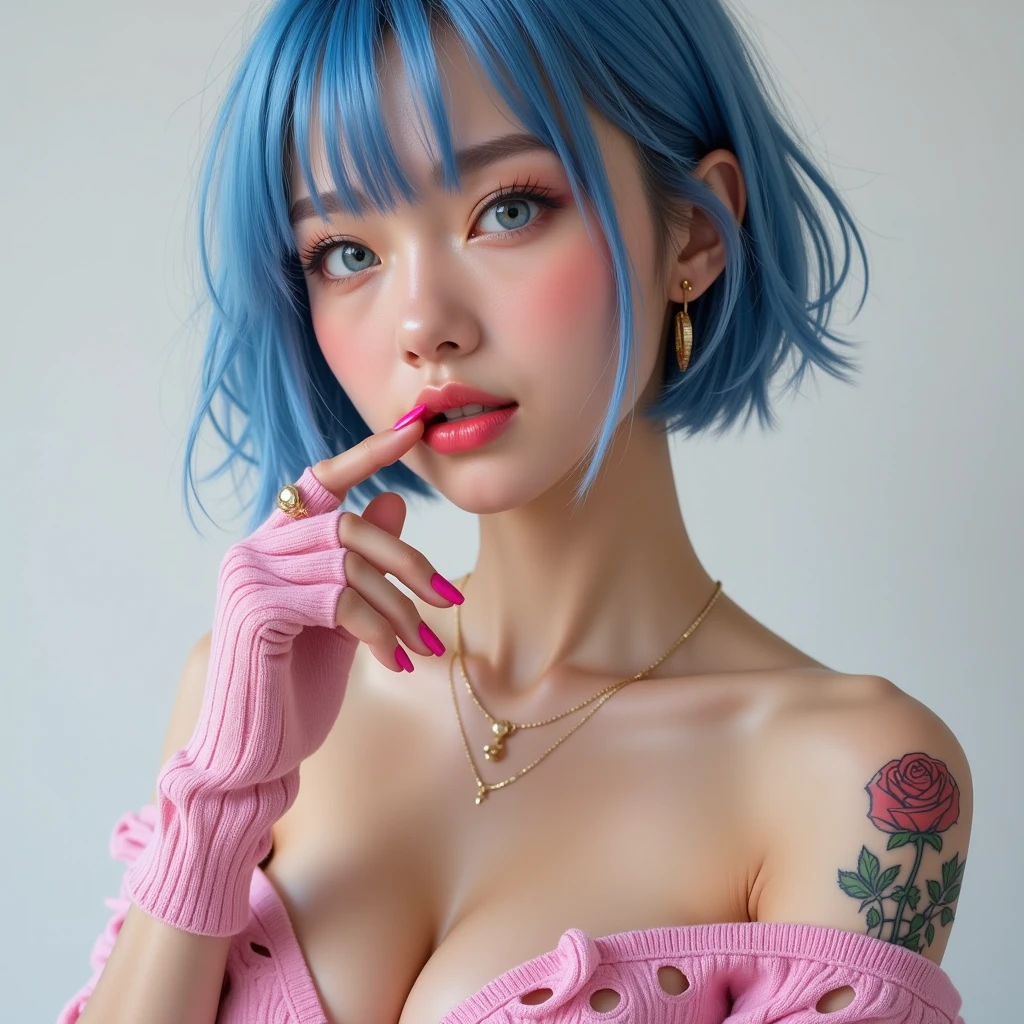 The finest genuine beautiful girl, short curly hair of golden color, Very beautiful face, Cute Smile, soft, Dreamlike quality, Exaggerated facial features, Solid Color, Frank Off-White, Surreal, Blue gemstone necklace, Ultra Clear, Beautiful girl, Cute and full of energy, Simple Background,((((Fully nude)))),(((nsfw))),((multicolored hair colors:1.4)),((Pixie Cut:1.4))