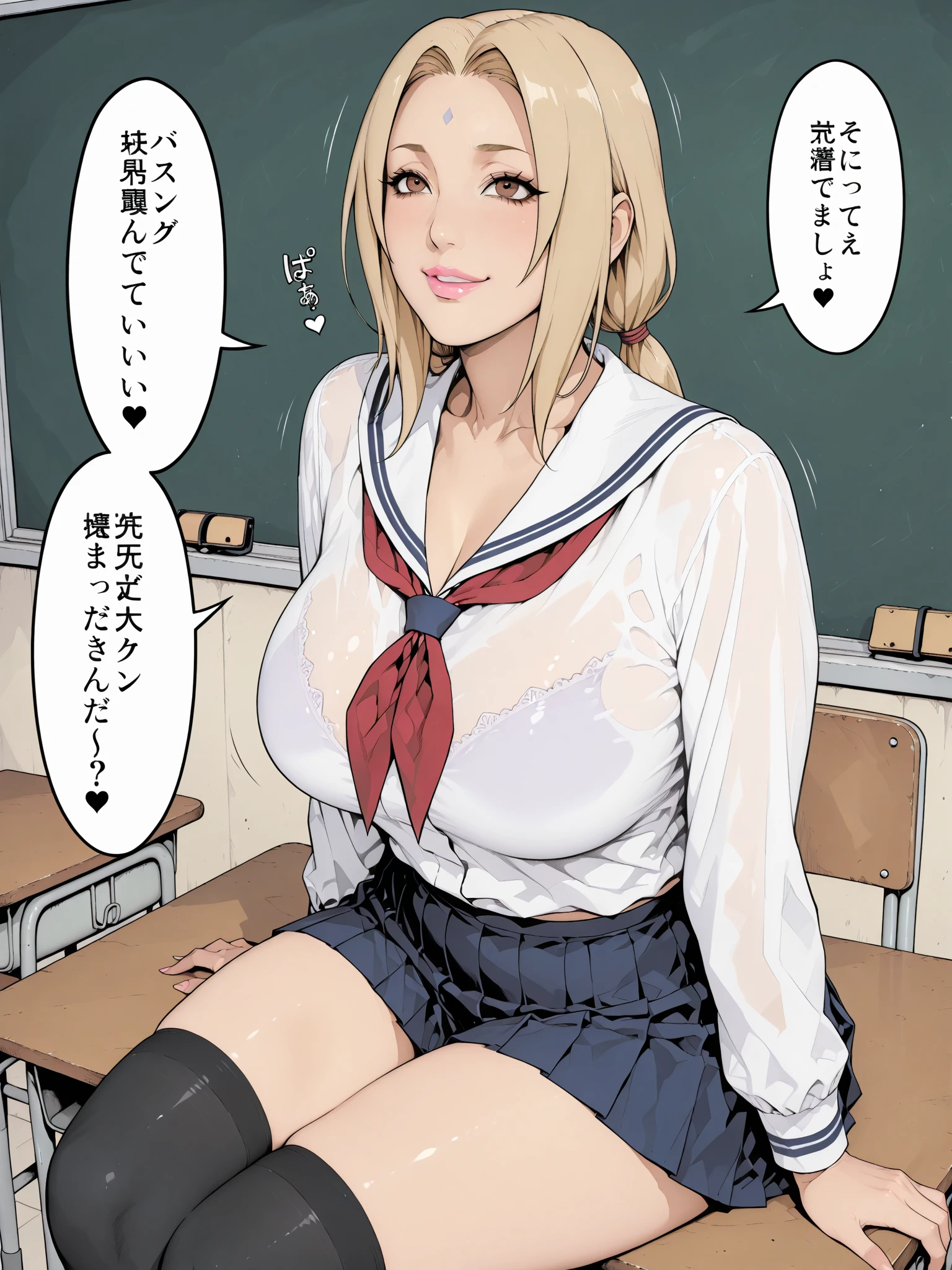 large breasts, rebis style-pxl, , blue eyes, hairclip, Expressiveh, 1girl, breasts, blush, blue skirt, white shirt, open shirt, blonde hair, braid, thighhighs, cleavage, sitting, huge breasts, white thighhighs, v, double v, smartphone, gyaru, bursting breasts, suspenders, animal print, bikini top,  cow print, cow ears, classroom, cow horns, cow girl, chalkboard, old man, bald, score_9, score_8_up, score_7_up
