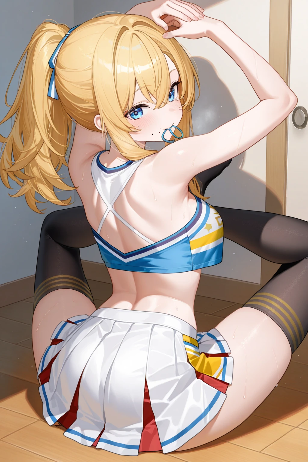 masterpiece, best quality, highres, BREAK , phyami, yamisch, long hair, blonde hair, pony tail with white ribbon, blue eyes, white gym shirt with blue collar, blue buruma, white long elbow gloves, white thighhighs, white sneakers, playful smile, very wide shot