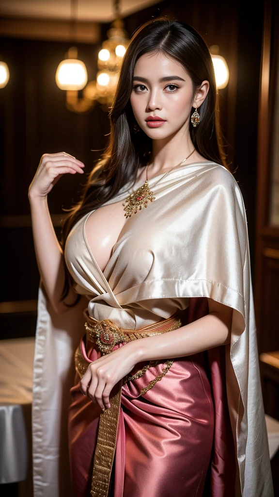 The art depicts a charming woman dressed in a flowing, silky traditional oriental dress decorated with intricate patterns and bright colors. Her dress drapes elegantly over her curvy figure, accentuating her seductive silhouette. She stood gracefully in the quiet moonlit night, bathed in the soft glow of the moonlight. The scene exudes an ethereal and dreamy atmosphere, with a touch of mystery and sexiness. The graphic style blends watercolor and digital illustration techniques to evoke a refined beauty and charm. The lights are filled with soft moonlight, casting soft highlights and shadows on her charming features. Bare thighs(looking at viewer:1.5)