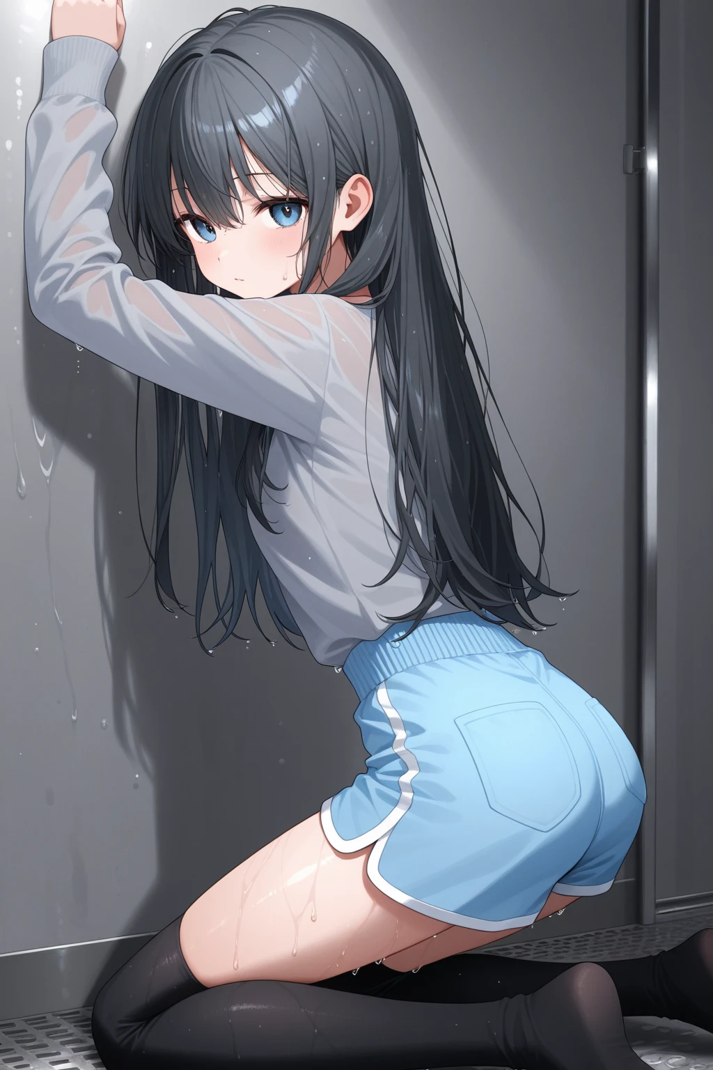 1girl, underwear, tight shirt, lingerie, big chest, long torso, black hair, bun, shiny skin, reaching at the top of a cupboard