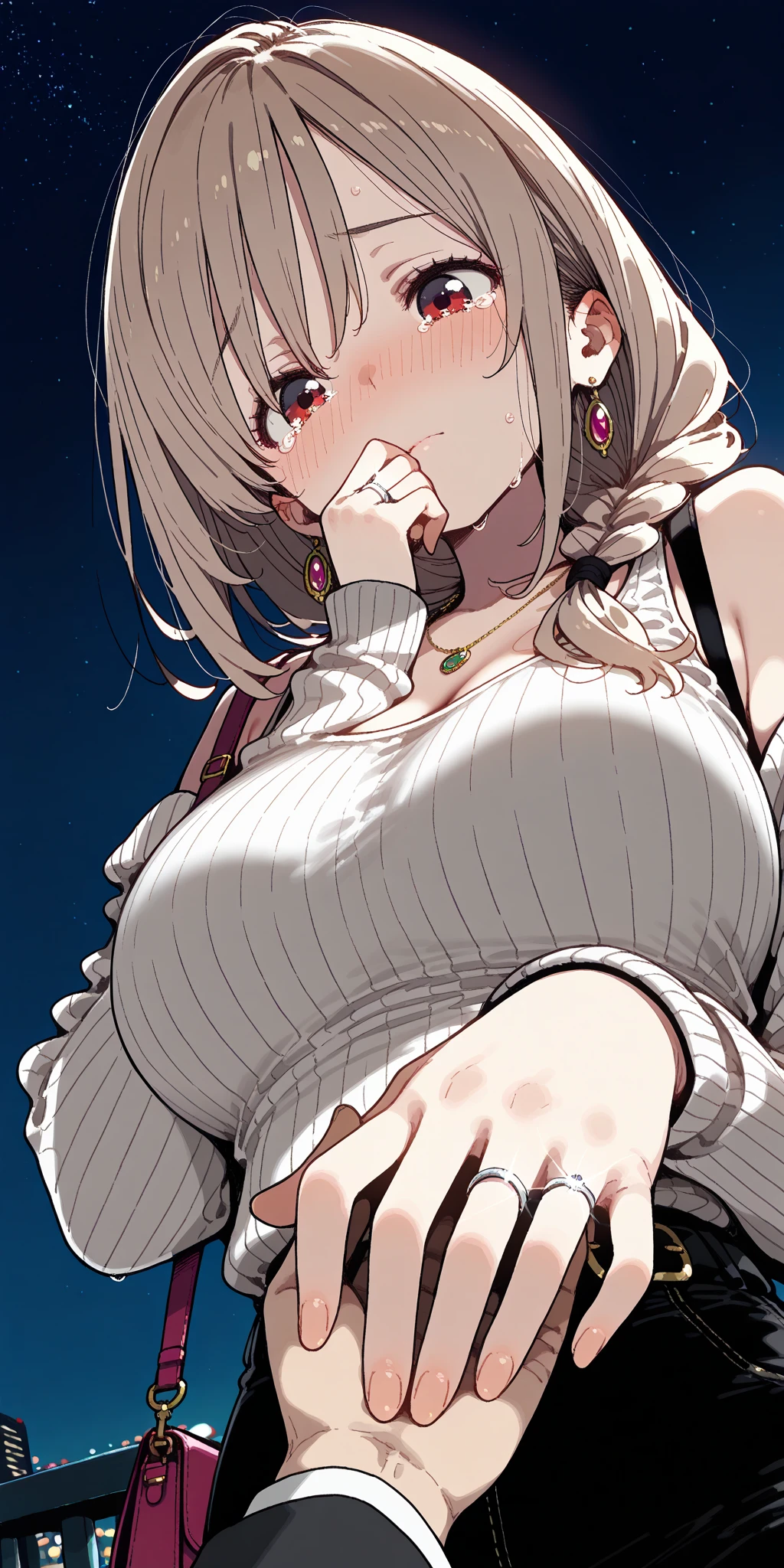 Highest quality、Best image quality、masterpiece、Highest quality, Very detailed,,One person, alone, At Nikkean, anise,short_hair,とてもbig_chest, light brown_hair, hair_ornament, chestの谷間,full_body, yellow_eye, black_Knee socks,knit,Cream_knit,Moe sleeves.Off the shoulder,Off the shoulderknit,とてもbig_Thighs,Big Breasts, sunlight,Huge_chest, Face close-up,Huge_chest,big_chest,
