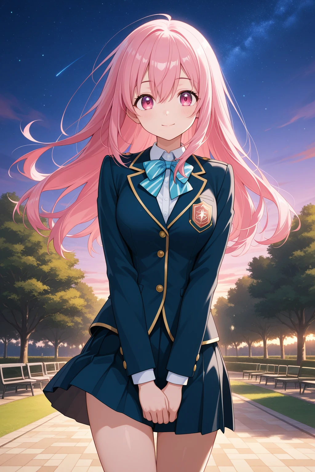 highres, high quality, 1girl, gotoh hitori, nose blush, shuuchikan academy school uniform, pleated skirt, sitting, on grass, pantyhose, outdoors, evening, blush, sky