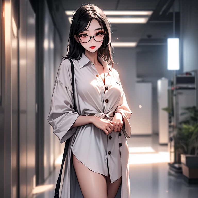 1girl, wearing eye glass, wearing sexy black dress , city, absurdres, sexy body, college teacher, ultrasharp, 8K, masterpiece, looking at viewer