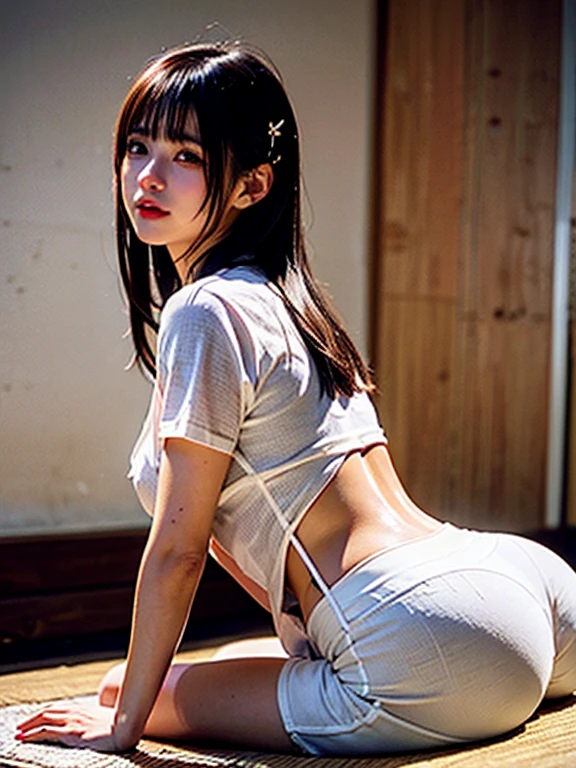 (jack-o' challenge, flexible, spread legs, top-down bottom-up), (all fours ,crawling:1.5 ),cheerleader, masterpiece, best quality, absurdres, highres, 4k, ray tracing, intricate details, highly detailed, 1girl,perfect face, cute, large breasts, long ginger hair, narrative camera photograph, Nikon 30mm,(naked:1.3),(pubic hair:1.2),nsfw,