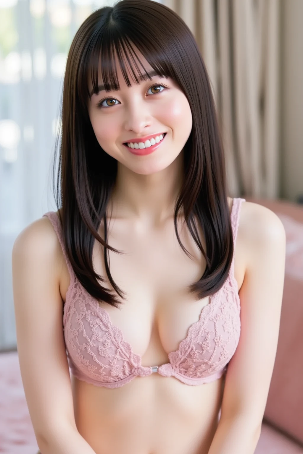 masterpiece,best quality,(Japanese ),((Beautiful girl)),cleavage,indoor,(perfect body beauty:1.2),(shy smile),beautiful teeth,