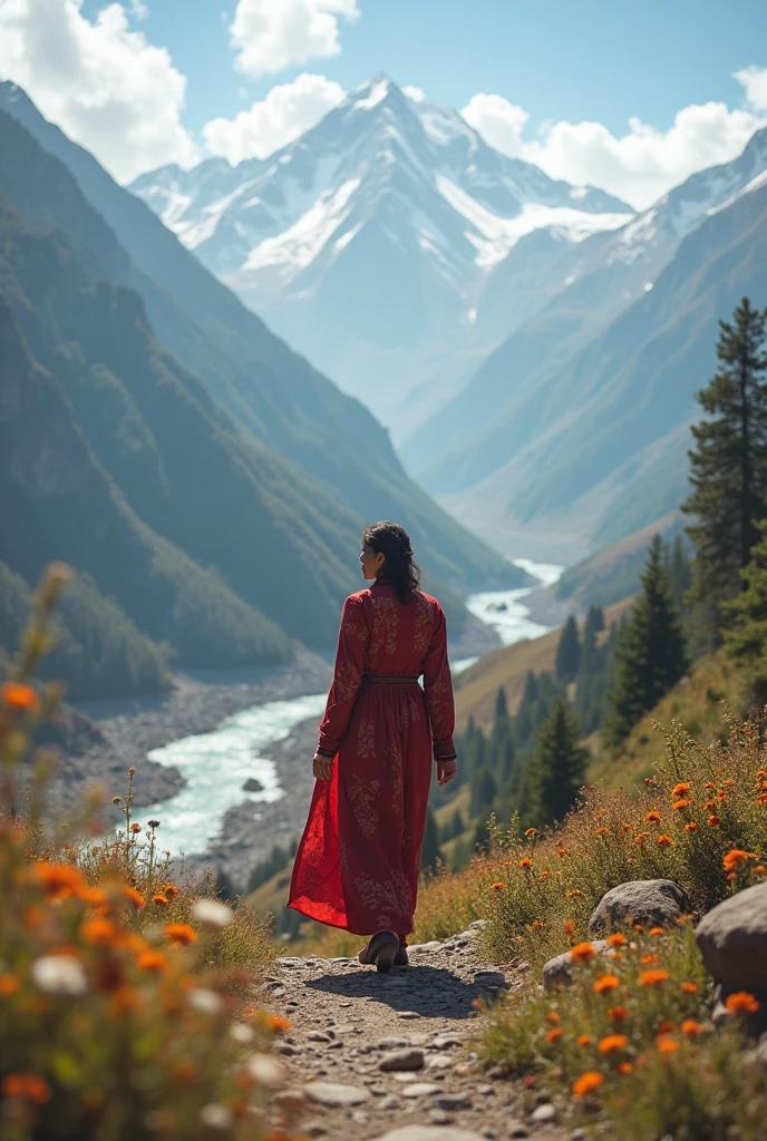 A 35-year-old woman radiating strength and elegance in a dramatic, mountainous landscape during sunset. She stands on a rocky outcrop, dressed in a flowing, deep-colored gown that contrasts with the rugged terrain. One arm is outstretched as if reaching for the horizon, while her gaze is focused on the distant peaks, exuding determination and grace. The camera is positioned low, capturing her against the backdrop of towering mountains, with the sky painted in shades of orange, pink, and purple. The background includes jagged cliffs, distant snow-capped peaks, and a winding river far below, adding depth and majesty to the scene. Photographed with a 24-70mm lens, the image blends her poised beauty with the epic grandeur of nature, creating a powerful and inspiring composition