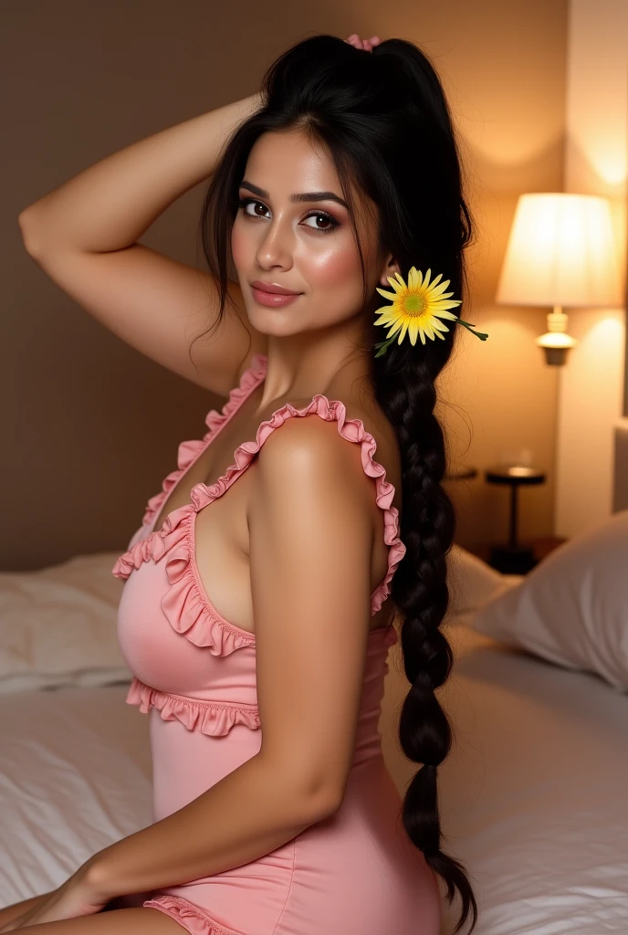 1girls, Nur, green Hair , 24 years old , An elegant summer floral dress, hoop earrings, chain necklaces, elegant bracelets, let her pose with her hair open