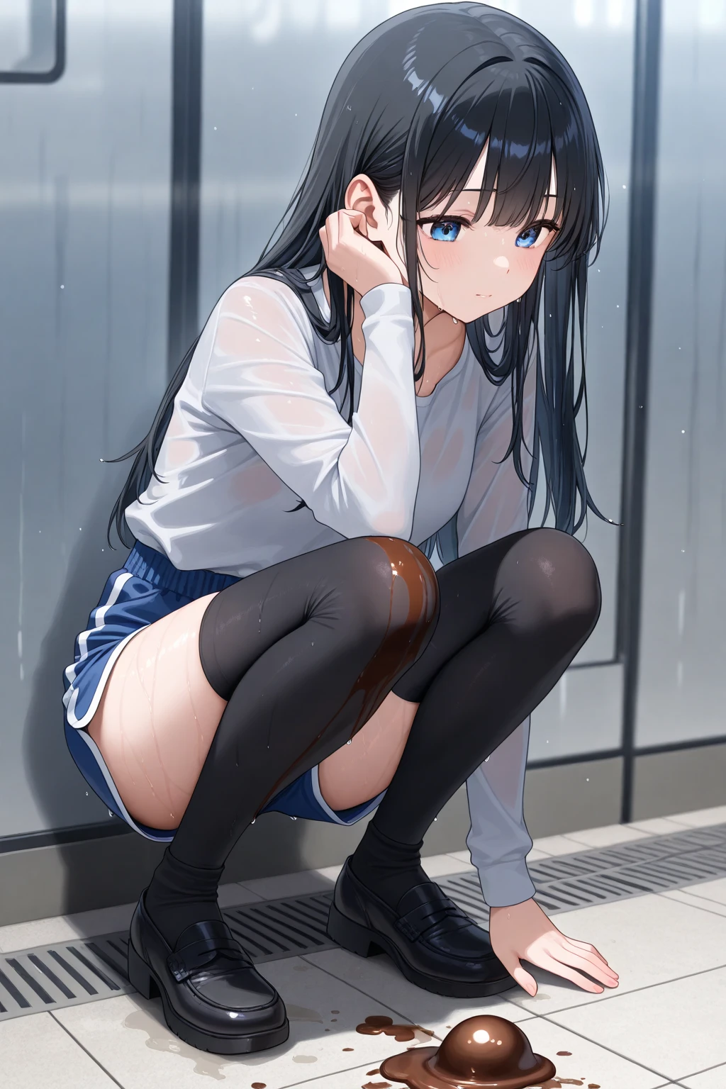 ((Finest quality)),(超A high resolution),(ultra-detailliert),((Best Anime)),sharpnes,Art with astounding depictions, In heavy rain:1.5, (Frightened and crouching woman),Frightened and tearful expression