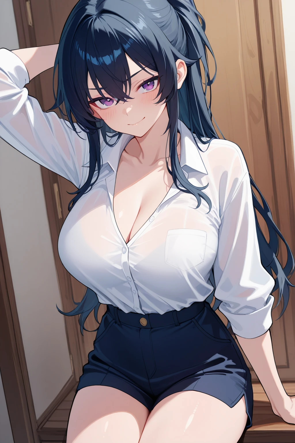 {lady with shoulder-length black hair named Rico}, business suits,tall,'', (It feels like saying Hello, daytime hours), indoor,{going out style}, ((Heart-shaped choker) ), (office room), Bright background,purple eyes, Mole under the eye, Heart-shaped choker, ((Masterpiece)), Highly detailed CG Unity 8k wallpaper), Top quality,, Detailed background, beautifully detailed eyes, heart shaped pupils,hollow eyes, looking at viewer,(very delicate and beautiful)), ((beautiful) eyes (detailed description),extra large breasts, browse,shirts,floating heart,brainwashed,sadistic smile,try to show me breasts and bra