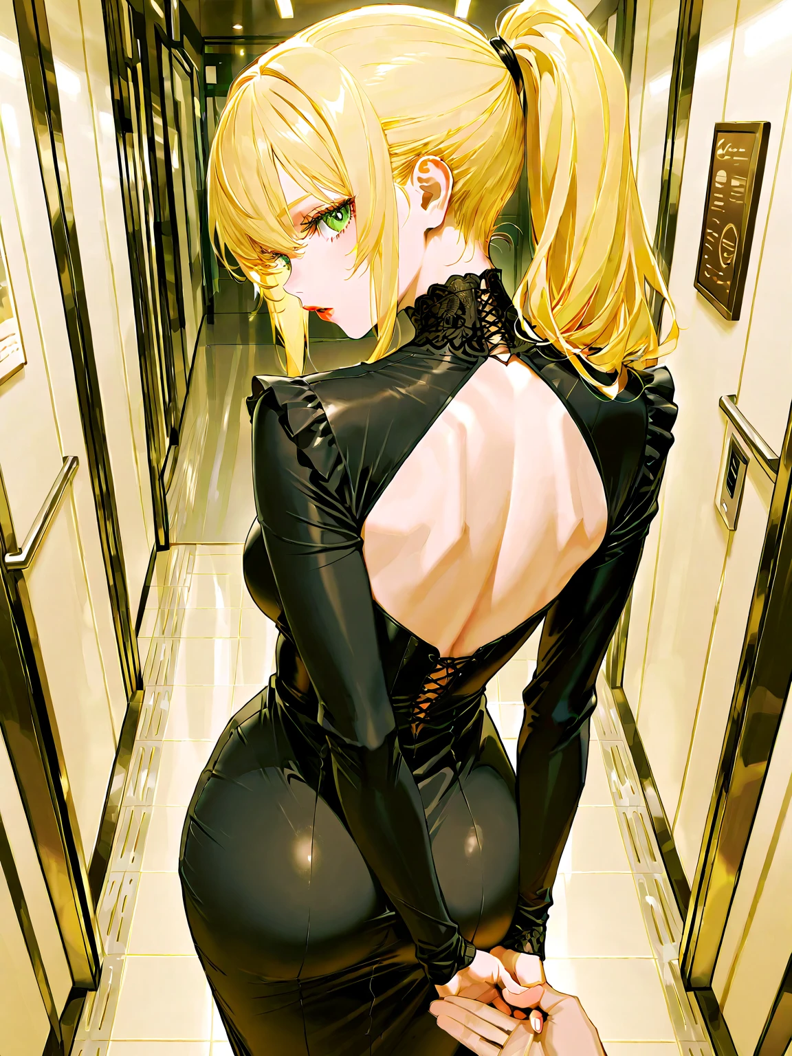 a nude anime girl is standing at the door and in the dark, 1girl, solo, ass, blonde hair, braid, blue eyes, hat, breasts, long hair, baseball cap, latex, black headwear, looking back, looking at viewer, bare shoulders, skin tight, black bodysuit, twin braids, shiny clothes, bangs, back, from behind
