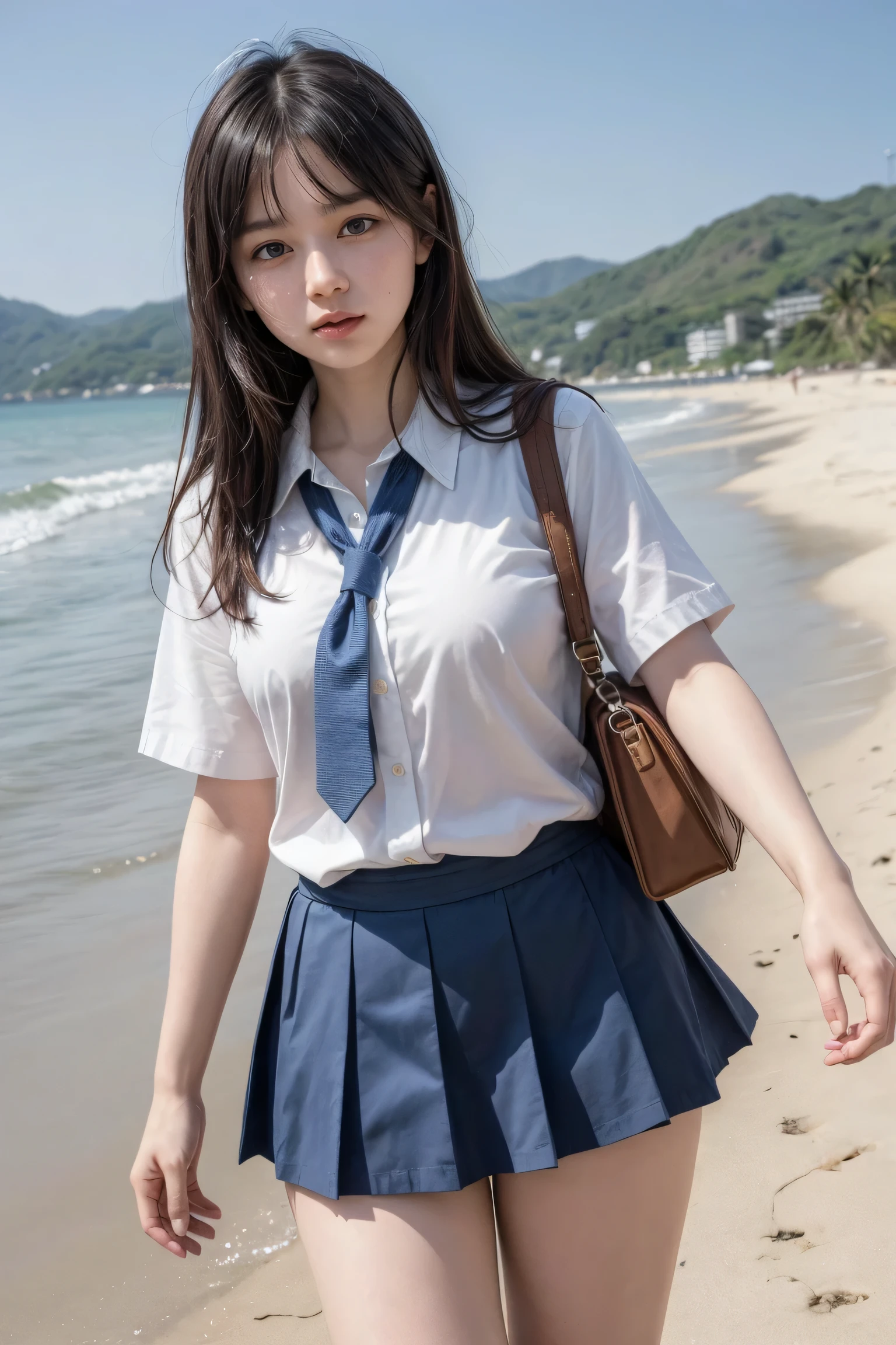 ultra highres,(reality: 1.4),highest quality, masterpiece, high detail, 16K quality, beautiful, 1 beautiful girl,japanese,super beautiful face,baby face,japanese idol face,cute face,super detailed face,detailed hand,beautiful skin,sweaty skin,big eyes,big smile,profeccional lighting,short hair,brown hair,brown beautiful eyes,sitting with knee up,spread legs,(skirt lift),(white panty),medium breasts,see through white shirt,open button,(black check skirt),high socks,she is looking at the camera,beach,blue sky,blue ocean, nsfw,from front,