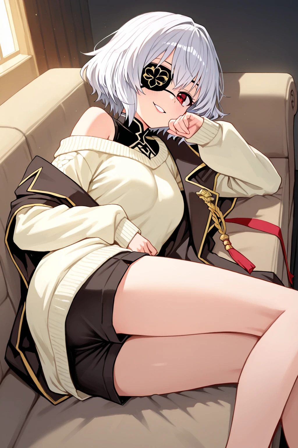 masterpiece, best quality, 1 solo girl, silver hair, red eyes, short hair, medium breasts, sexy body and face, wavy hair, smile, sleeveless shirt, scarf, black thigh-high, mini skirt, pendant, bracelet, jewelry, earrings, feather hair ornament, book, lying at the bed, night, sexy pose, cowboy shots, detailed body, face, and eyes, sharp focus, vibrant, creative, dynamic, high definition, high resolution, 8k, (Upscale: R-ESRGAN 4x+ Anime6mage enchance:4x), voluptuous body, cinema lightning, dakimakura style, looking at the viewer,