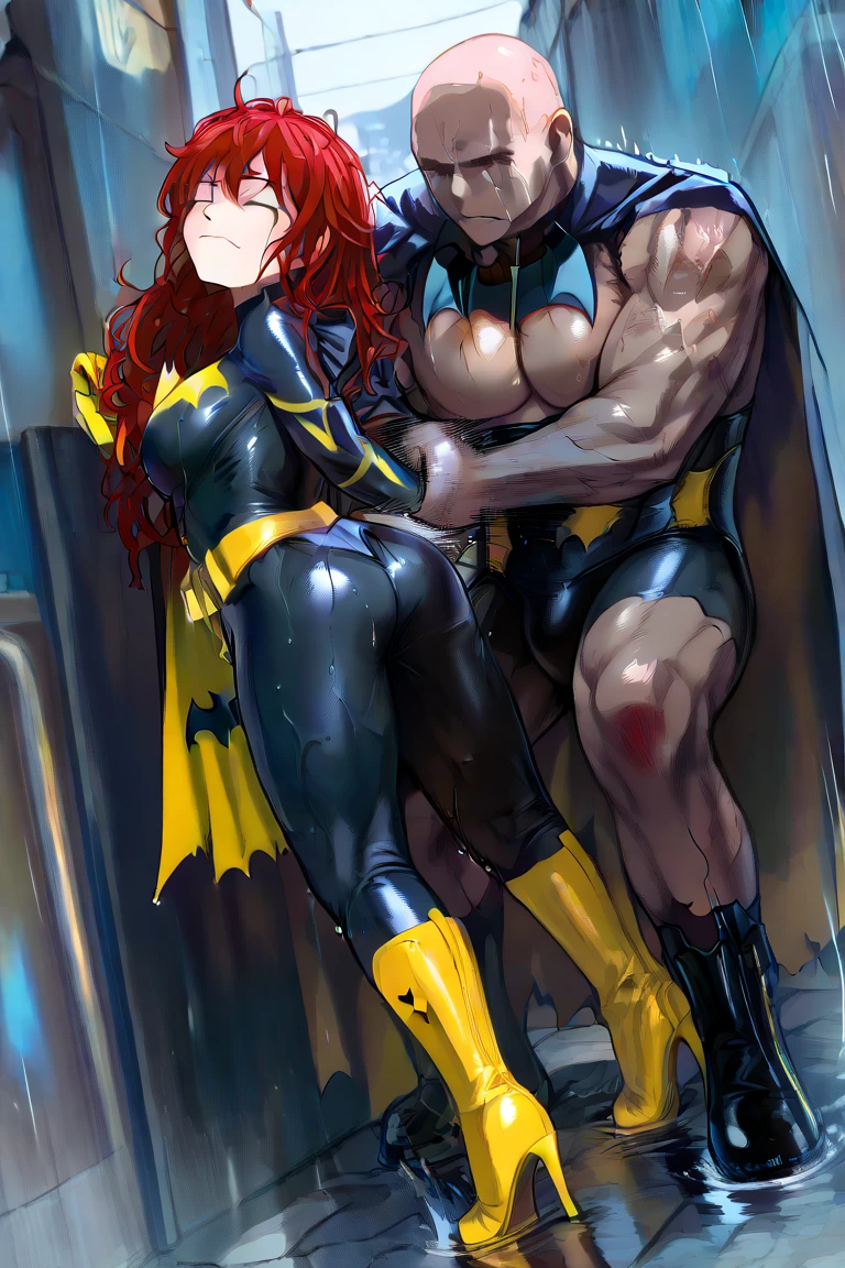 masterpiece,Sexy, Superheroine, Red hair, long hair, busty, ((blue highleg leotard with a t-back thong and a gold star insignia on chest)), gold boots, gold gloves, curvy, ((cleavage cutout)), anime, rape, ((doggy-style)), cumshot