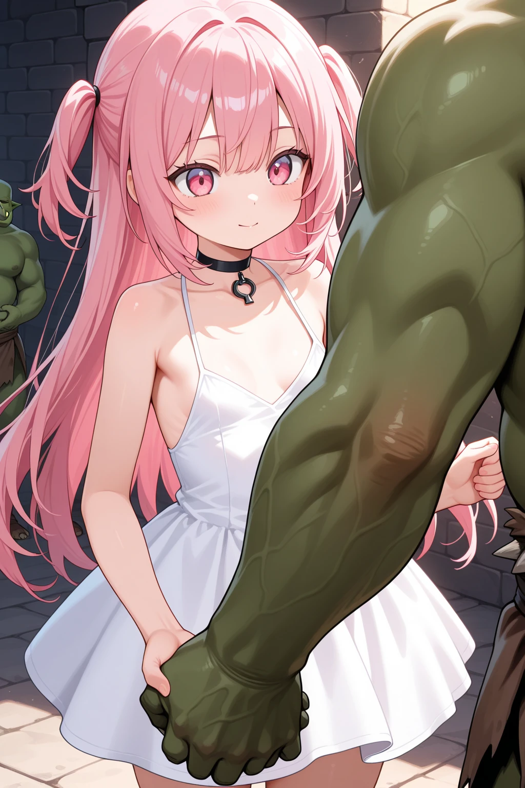 (女が仰向けでオークとssexしている、Darkness in the cinema、Ultra-precision CG:1.2、Professional-looking light source、amazing shading、(darkness、Dynamic Angle)、I want to prevent the collapse of the human body、Perfect limbs、face perfect、perfect arms、accurate fingers)、(masutepiece:1.2), (Best Quality:1.2), (Extremely detailed:1.2),((1girl in、maturefemale、sexy eye、Sad face、regrettable、embarrassed from、shinny skin、red blush、(((long legged、Pink hair、scapular、croptop、A bracelet、armlet、pelvis curtain、anklets、sandal、shoulder armer))),(top-quality, 8K, 12), the perfect body, ultra detail face,(​masterpiece)), ((Top image quality)), (The ultra-detailliert), ((Shibari:1.2 、well-formed chest、asymmetrical breasts、heterosexuality)), 4K, top-quality, (Beautiful fece),((World-class quality)), (Detail Shading Pretty Face), ((droopy chest)), (In a dark basement、Cobblestones with an eerie cold atmosphere、Dark Dungeon:1.5)、(Beautiful fece胸:1.2、Detailed chest 、large areola、huge tit:0.8、1 nipple、perfect bodies、Collar with chain)))、((orczor、(Full body green skin、Orc hands are the same color as the body、Orc&#39;s hands and penis are green)、grease、thick penises 、Venous penis、Fat Man 、((ランダムssex、ラフssex、gang-rape))、ssex、SEX、and、 srestrained, Black Band、鎖でsrestrainedされる, Oaksol))、 Deep penetration,Perspective, zoomed in, multiple boy, prisoner, masutepiece, Best Quality, Highly detailed、（Multiple Man Orcs、heterosexuality、オークとssexする女性、Woman sucking an orc penis 、Woman holding an orc penis between her breasts、Oak is lifting a woman's breast、Orc is grabbing a woman's chest、thick white liquid dripping from women's things, 、blow job、irrumatio、Wet、cum overflow、cum on the body、Random angles coming soon、orc grabs woman&#39;s hair、Grabbed by the hair、(((Nipples are visible)))、Silver Chain、(Hung by chains、Pulled up by chains、 srestrained、slaves、scornful、tears、Hand flail、fetters、carismatic、obedience、exhausted)、(((Orc&#39;s thick and long penis、A woman is giving a blowjob to an orc&#39;s dick、A woman is forced to suck an orc&#39;s penis、Woman orc penis、女がオークと色んな体位でssexしている)))