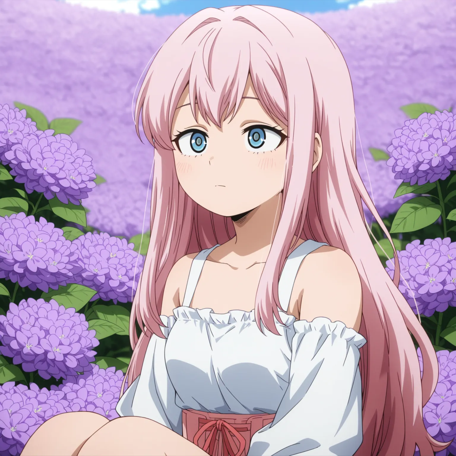 yuragisou-nonko, single horn, pink hair, green eyes, long hair, forehead mark, collarbone, large breasts, full body, solo, 1girl, highres, high quality, masterpiece, many details, outdoors <lora:yuragisou-nonko-000004:0.7>