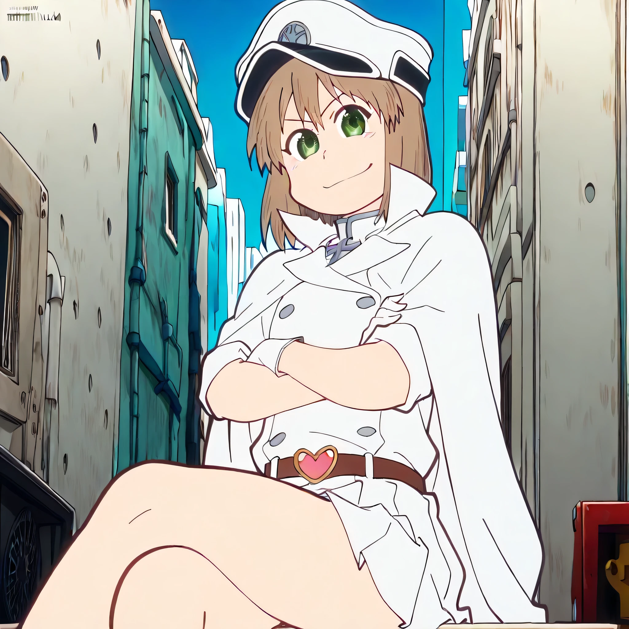 (((Masterpiece))), (((Best Quality))), ((Super Detail)), ultra-High resolution, score_9,score_8_up,score_7_up,score_6_up,score_5_up,score_4_up, BREAK, source_anime, anime screencap, uncensored, rating_explicit, Masterpiece, (absurdres), (detailed background), (very aesthetic), shiny, outstanding, countershading, detailed soft lighting, an exquisite animation illustration, curvy, highres, peaked cap, white headwear, high collar, white cape, military uniform, white jacket, sleeves rolled up, white gloves, heart belt, miniskirt, pleated skrit, white skirt, (((solo, 1girl))), hair ornament, submissive pose,  pose, anime style, anime coloring, animification, megami magazine,  pose, small , niikura, green eyes, medium hair, brown hair, sitting on ruin, apocalyptic, city, crossed legs, crossed arms, ruin, proudly, determined, smile