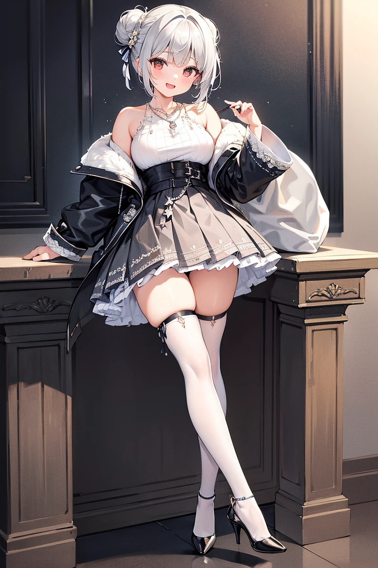 Realistic, 1girl, white hair, animal ears, 14 year old loli, red eyes, glowing eyes, cropped top, skirt, parted lips, blush, night, flowers, black stockings, soles, transparent shirt