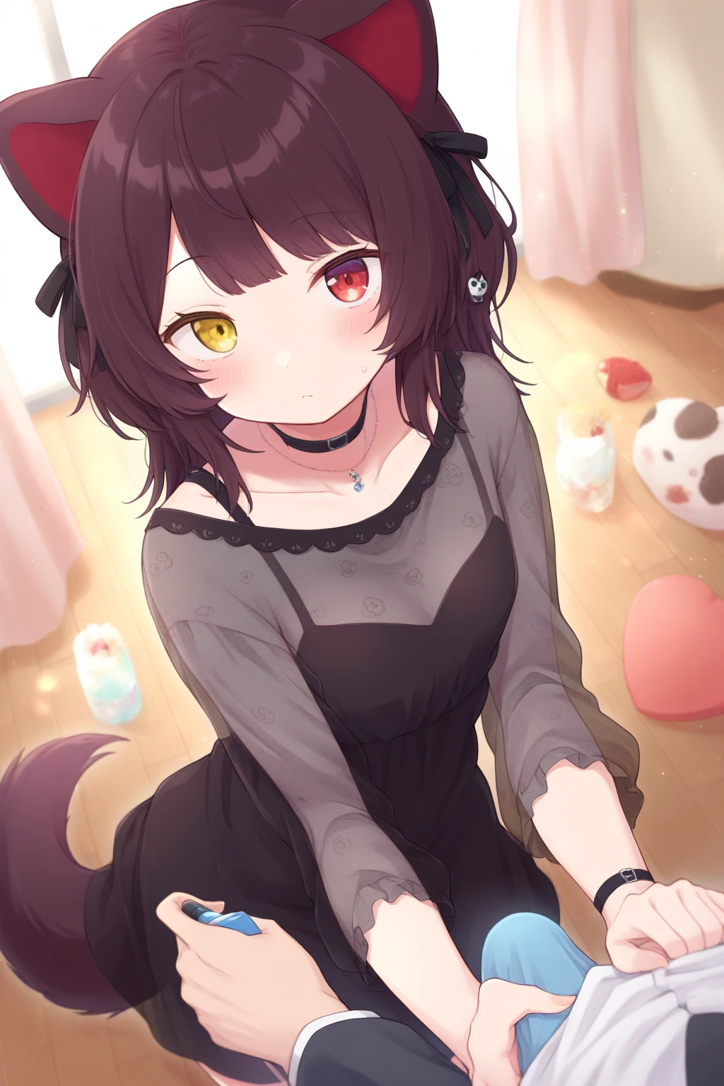 collar4u, collar, (holding:1.5), (pov), 1girl, (collar on her palms:1.5), (cat ear),(cat eyes), smile, happy, kind, blush, (x hairpin),(fang), (20yo), looking at viewer, sitting on sofa, in room, <lora:collar4u-v1:1>