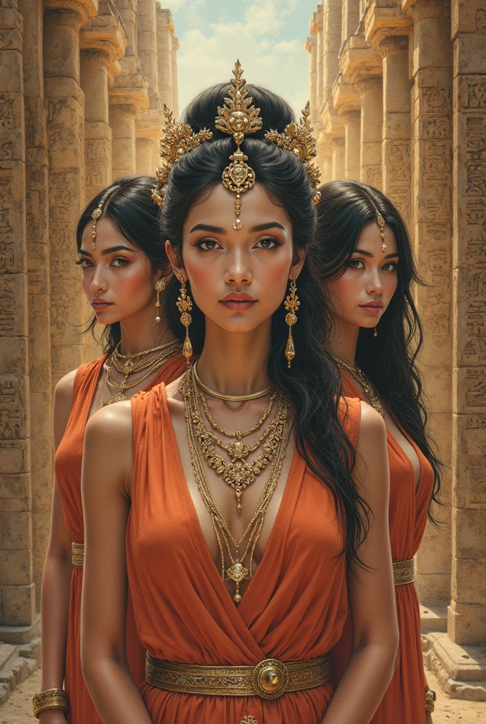 Three indian warrior queen sitting on throne, muscular abs visible jewelries crown in head, their look is calm but tough, medium cleavage visible.