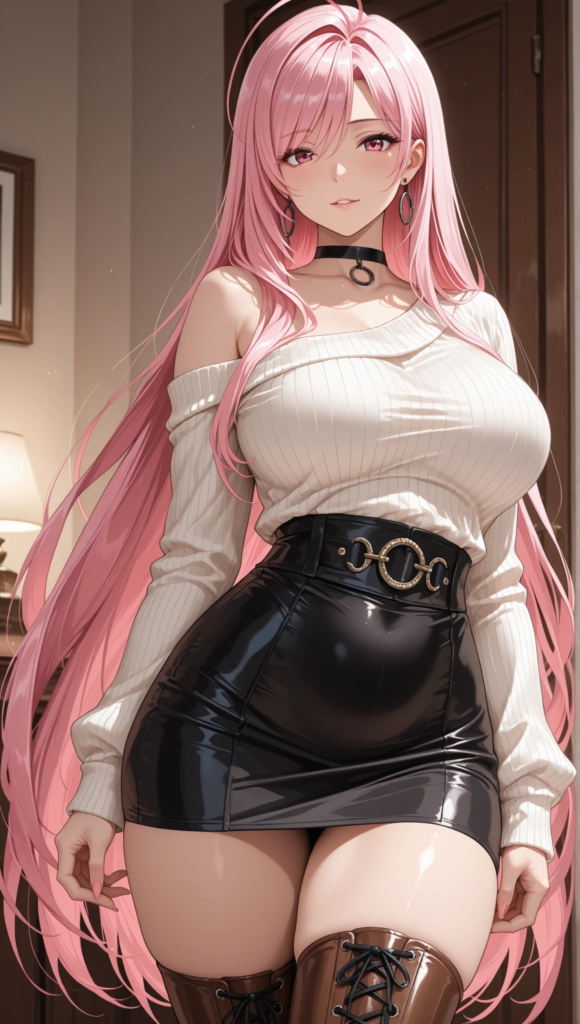 ((1 girls), solo, clevage, Big round breasts, trendy, stylish, clevage, thighs, hips, realistic, pink hair, blonde hair, light green eyes, lip gloss, detailed face, amazing big eyes, eye details, big lips, eyebrow details, blush, smirk, naughty, mischevious face, HD, good quality, bedroom, black robe