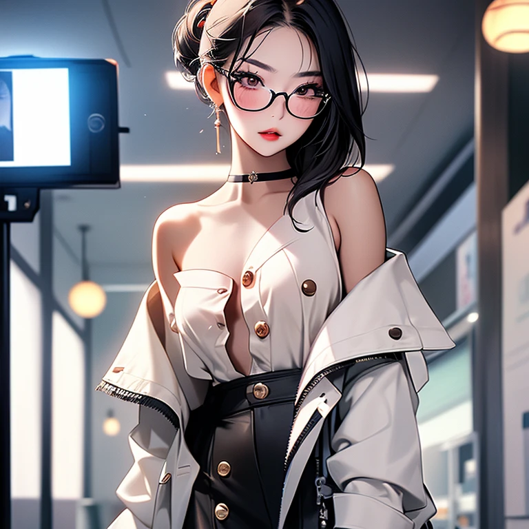 1girll, Beautiful girl, wears glasses, Brown skin, A small mole on the right cheek, Half body, Body length 150 cm, 20 years old, Brown-skinned girl, .(Short black hair, Street hairstyle) , (Black eyes), Realistic eyes, Beautiful and big eyes), Sexy clothes, Small breasts, (8K wallpaper), (Stage wallpaper) 8K, High quilt, Realistic, Beautiful reality, Cool details, RAW photo, realistic dress, Short hair, Black hair, photo-realistic hair, Bright and cool lighting, photograph realistic, cel-shaded, Gel illumination, hyper-detailing,exposed