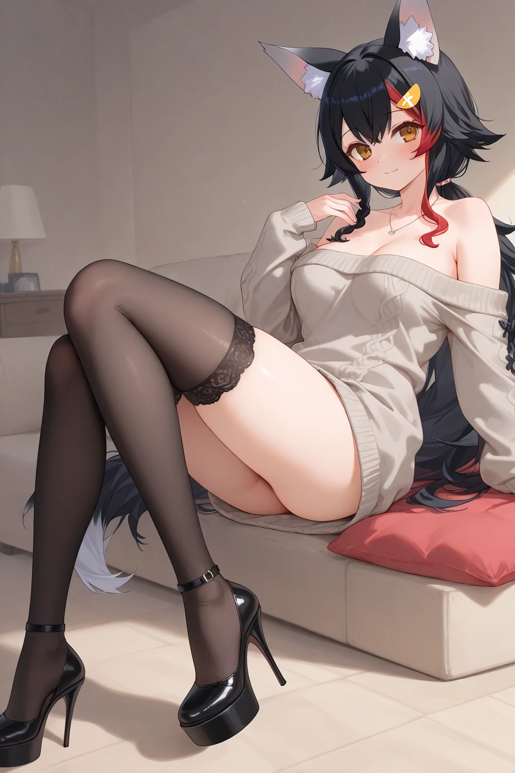 2d, masterpiece, ((lying on bed)), best quality, full body, full pose, anime, highly detailed, cowboy shot, 1girl, solo, yuri, purple hair, purple eyes, long hair, hair between eyes, hairclip, medium breasts, underboob, ((white tshirt)), , ((black stockings)), (((stretching))) black panties, cameltoe, thights, slim body, slim legs, bare legs, grin ((smug face)), blushing, red face, wet skin, (((blue heels))), living room,((point of view down)) ((point of view from floor))